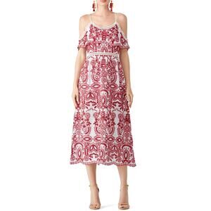 Saylor Red Cassie Eyelet Embroidered Ruffle Open Shoulder Dress Size Small